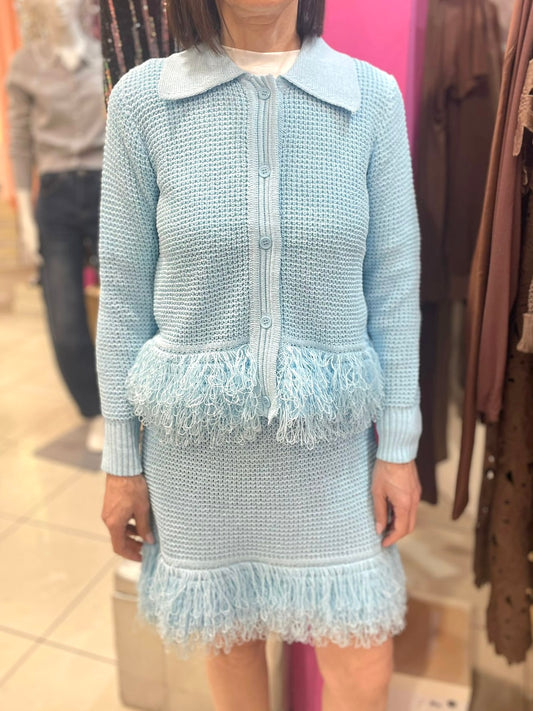 COMPLETO FRANGE CARDIGAN E GONNA AZZURRO