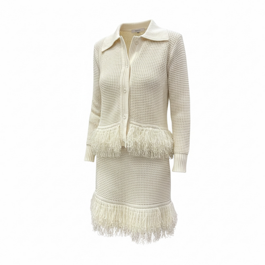 COMPLETO FRANGE CARDIGAN E GONNA PANNA
