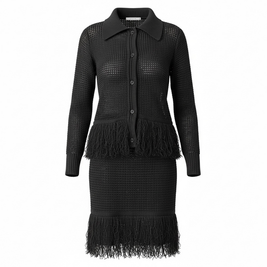 COMPLETO FRANGE CARDIGAN E GONNA NERO