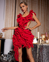 ABITO ROSSO MARGIR A BALZE CON RITAGLI E VOLANT