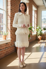 COMPLETO FRANGE CARDIGAN E GONNA PANNA