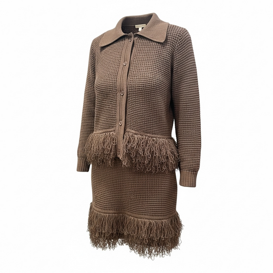 COMPLETO FRANGE CARDIGAN E GONNA MARRONE