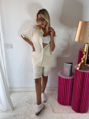 COORDINATO VISCOSA CON BERMUDA E CAMICIA TRAFORATA colore panna