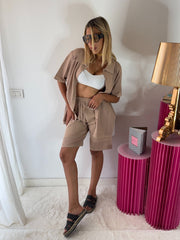 COORDINATO VISCOSA CON BERMUDA E CAMICIA TRAFORATA colore beige